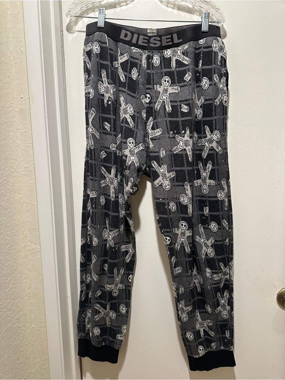 Diesel Loungewear Black & Gray Skeleton Patterned Leggings Size XL